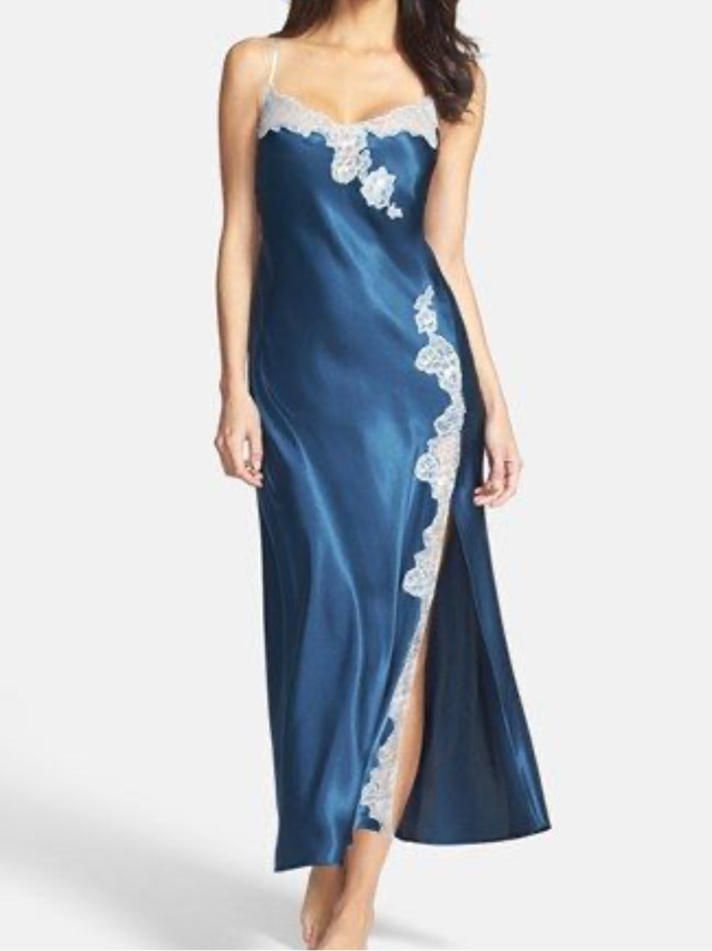Oscar de la Renta Pink Label L Satin lace adjustable straps high slit nightgown
